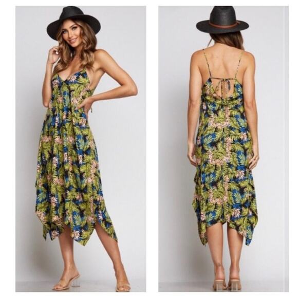 Tyche Women's Flowy Asymmetric Adjustable Tie Back Strap Midi Dress Tropical - Picture 12 of 13
